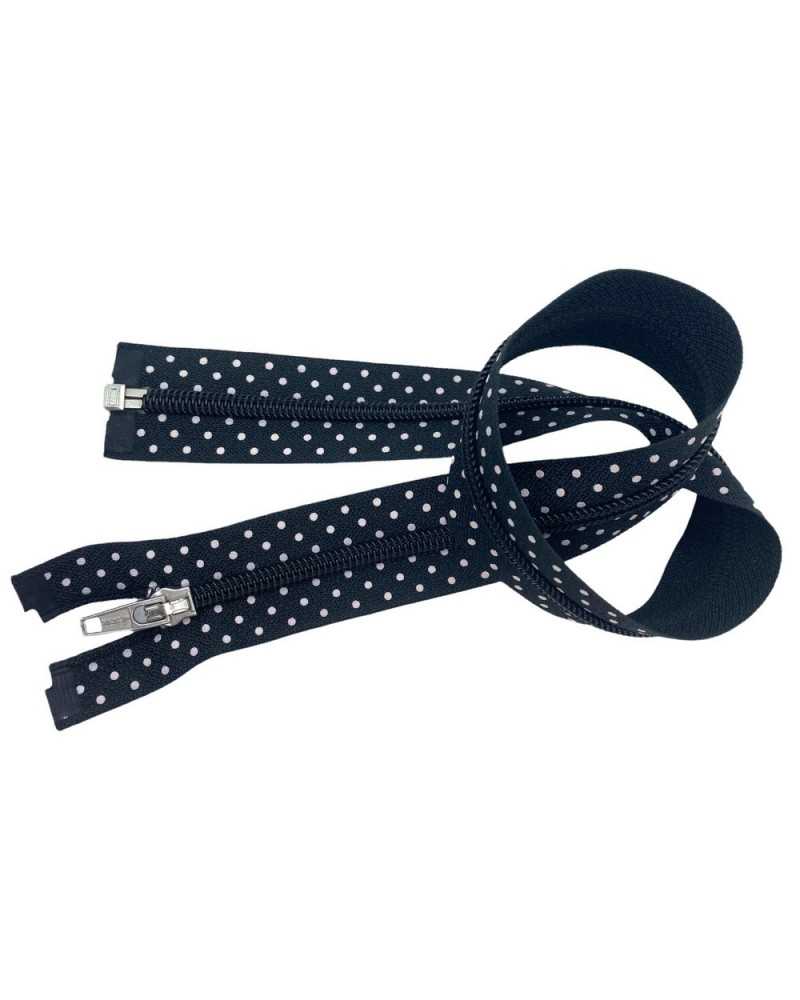 Cerniera Lampo Zip Chiusura Nero Pois Bianco Cursore Argento Sganciabile Lunga 55 Cm