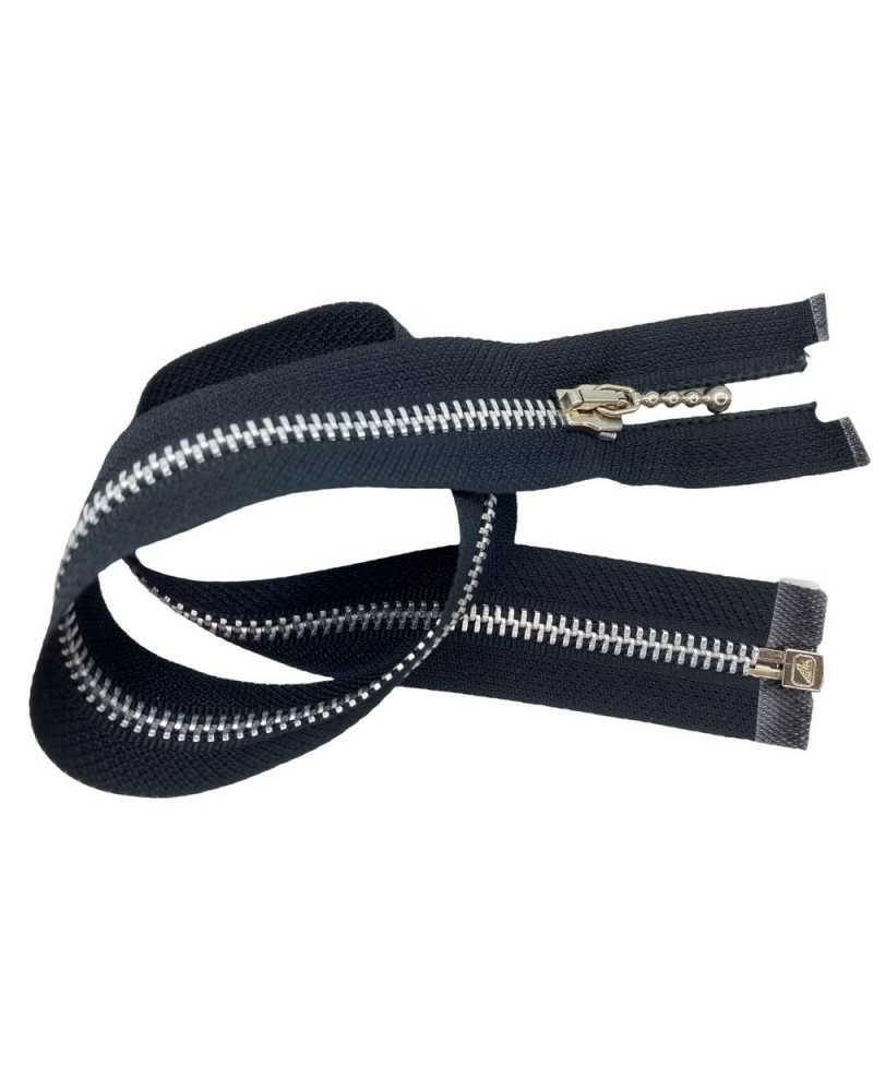 Cerniera Chiusura Zip Lampo Nero Catena 5 Metallo Argento Divisibile Casacca Giubbino 47 Cm