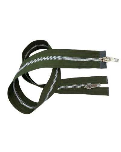 Reißverschluss, militärgrün, doppelte Cursorkette, 6 silbernes Metall, 60 cm lang