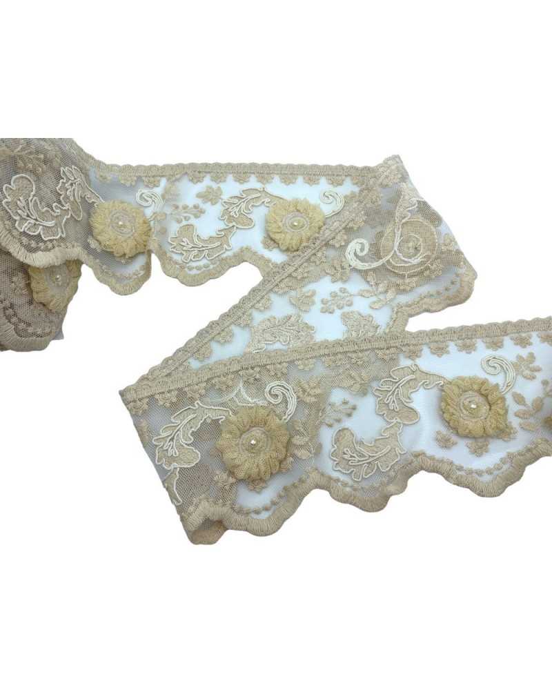 Trimmings Lace Rebrodè Tulle Ecru Cotton Worked Pearl Roses High 12 Cm