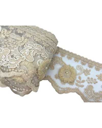 Trimmings Lace Rebrodè Tulle Ecru Cotton Worked Pearl Roses High 12 Cm