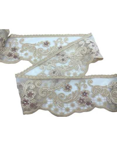 Besatz Rebrodè Spitze Tüll Baumwolle Ecru Antikrosa gearbeitete Rose Strass hoch 12 cm