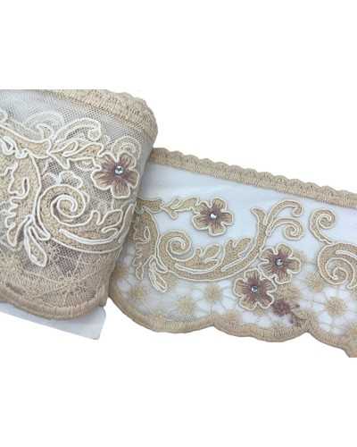 Pasamanería Encaje Rebrodè Tul Algodón Crudo Rosa Antiguo Strass Rosa Trabajada Alto 12 Cm