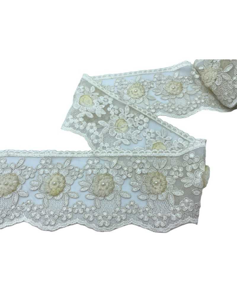 Passamaneria Pizzo Rebrodè Tulle Cotone Ecrù Panna Lavorato Rose Tessuto Perla Alto 12,5 Cm