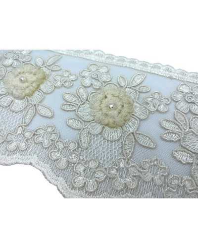 Passamaneria Pizzo Rebrodè Tulle Cotone Ecrù Panna Lavorato Rose Tessuto Perla Alto 12,5 Cm