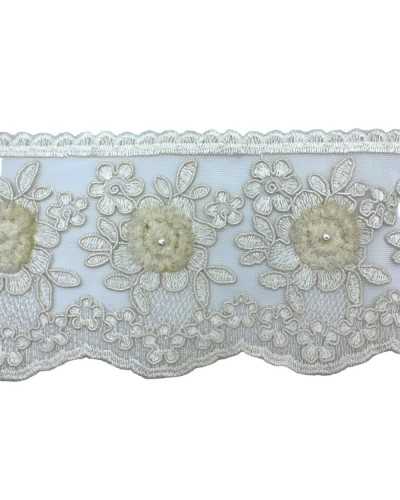 Passementerie Dentelle Rebrodè Tulle Coton Ecru Crème Travaillé Rose Perle Tissu Haut 12,5 Cm
