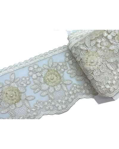 Trimmings Lace Rebrodè Tulle Cotton Ecru Cream Worked Roses Pearl Fabric High 12.5 Cm