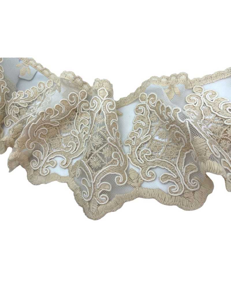 Pasamanería Puntilla Rebrodè Tul Algodón Crudo Crema Trabajada 13 Cm De Altura