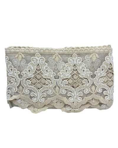 Passementerie Dentelle Rebrodè Tulle Coton Ecru Crème Travaillé 13 Cm De Haut