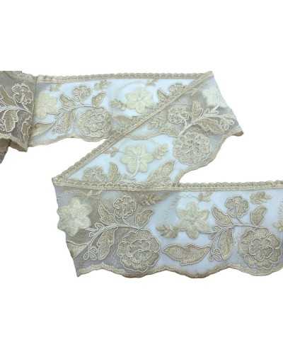 Passementerie Dentelle Rebrodè Tulle Coton Ecru Crème Travaillé Roses Tissu Perlé Haut 13 Cm