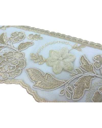 Verzierungen, Spitze, Rebrodè-Tüll, Baumwolle, Ecru, Cremefarben, bearbeitete Rosen, Perlenstoff, Höhe 13 cm