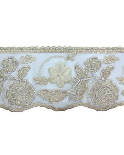 Verzierungen, Spitze, Rebrodè-Tüll, Baumwolle, Ecru, Cremefarben, bearbeitete Rosen, Perlenstoff, Höhe 13 cm