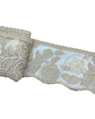 Passamaneria Pizzo Rebrodè Tulle Cotone Ecrù Panna Lavorato Rose Tessuto Perla Alto 13 Cm