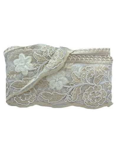 Passementerie Dentelle Rebrodè Tulle Coton Ecru Crème Travaillé Roses Tissu Perlé Haut 13 Cm