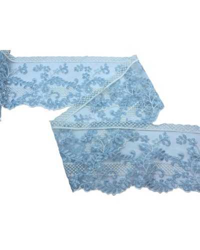 Besatz, gewellter Spitzentüll, milchweiß, himmelblau, Stickerei, 12 cm hoch