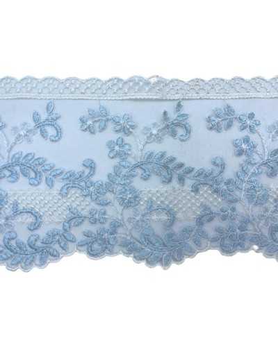 Passementerie Dentelle Festonnée Tulle Blanc Lait Broderie Bleu Ciel 12 Cm De Haut
