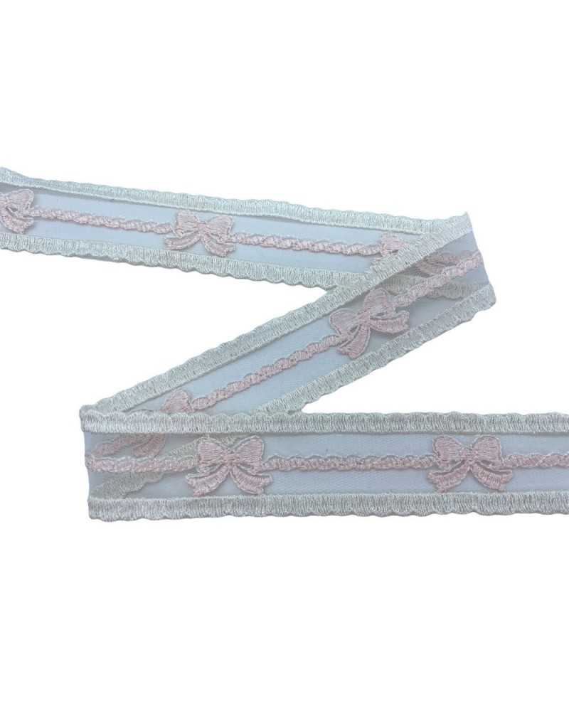 Passamaneria Pizzo Tramezzo Tulle Bianco Latte Ricamo Fiocco Alto 35 Mm