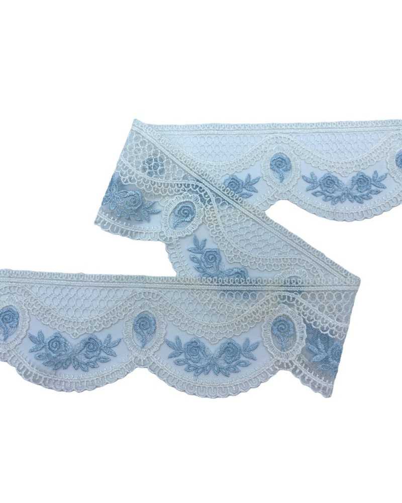 Puntilla festoneada Puntilla de tul de 7 cm de altura, blanco lechoso y celeste