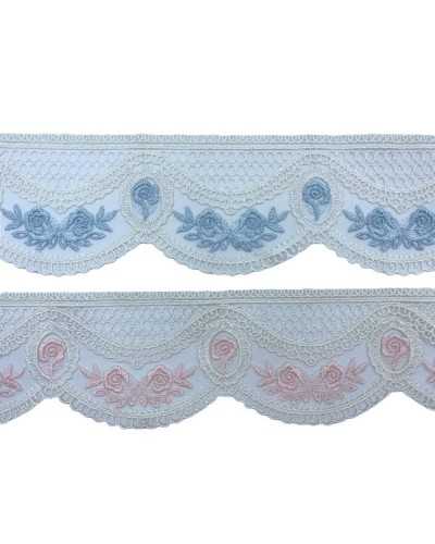 Dentelle festonnée Dentelle de tulle de 7 cm de haut, blanc laiteux et bleu clair