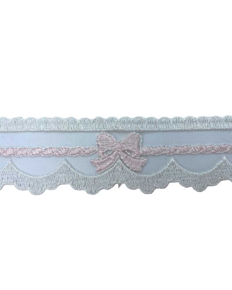 Passamaneria Pizzo Tulle Smerlato Bianco Latte Ricamo Fiocco Alto 35 Mm