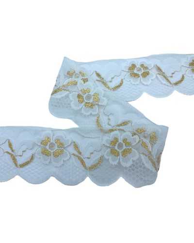 Pasamanería Encaje Festoneado Tul Semirrígido Decorar Oro Blanco Lurex Bordado Alto 7 Cm