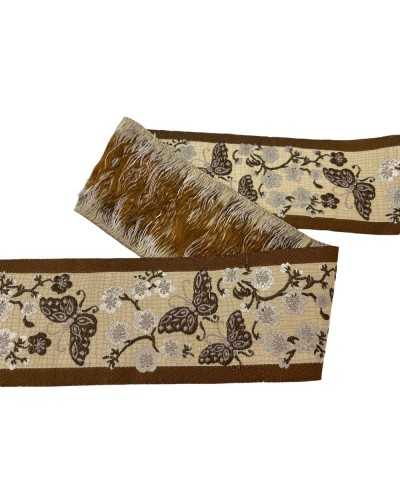 50 Cm Passamaneria Nastro Tramezzo Fondo Beige Ricamo Farfalla Marrone Alto 6,5 Cm