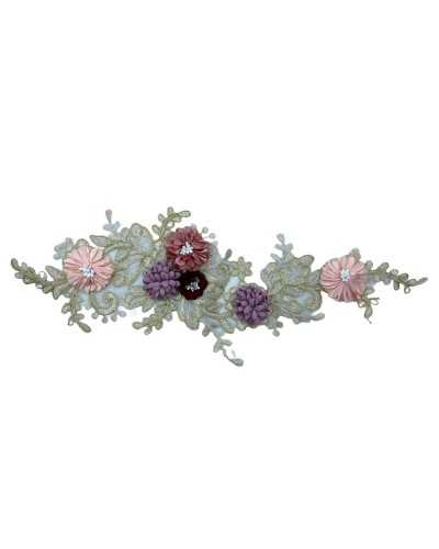 Aplicación de moda Bordado Rebrodè Gold Lurex Flor Burdeos Glicine Pink 16x34 cm