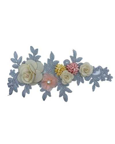 Aplicación Bordado de moda Rebrodè Plata Beige Flower Pink Pearl 12x22cm