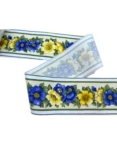 Banddruckblumen Gelb Blaues Blatt Grüner Rand Baumwollgewebe Gabardine High 8 cm