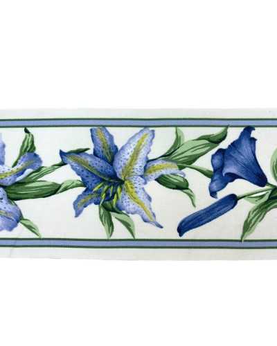 Ruban Imprimer Fleurs Lily Bleu Feuille Vert Coton Tissu Gabardine High 7.5cm