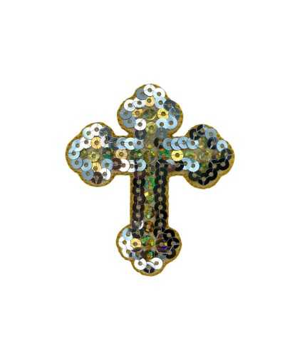 ThermoLOADESSIVE Anwendungs-Patch Kreuz-Patch-Pailletten-Silber-Stickerei Gold poliertes Draht 60x55 mm