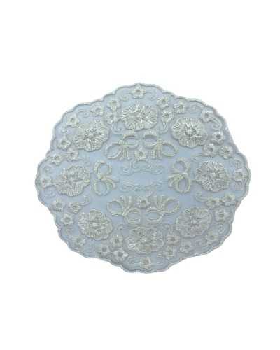 Application Oval Deck Coaster Organza Embroidery Flower Bow White Milk 15x14 cm