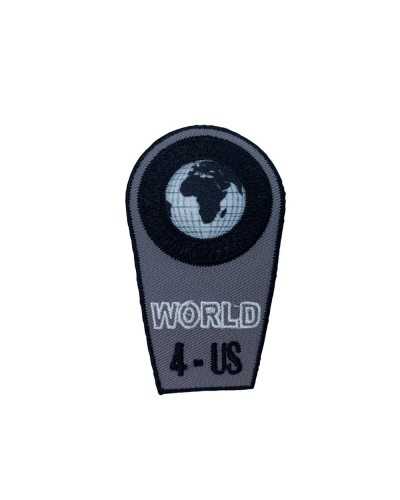 Graue thermoklebende Applikation, schwarze Stickerei, Mondo World 4-US, 75 x 45 mm