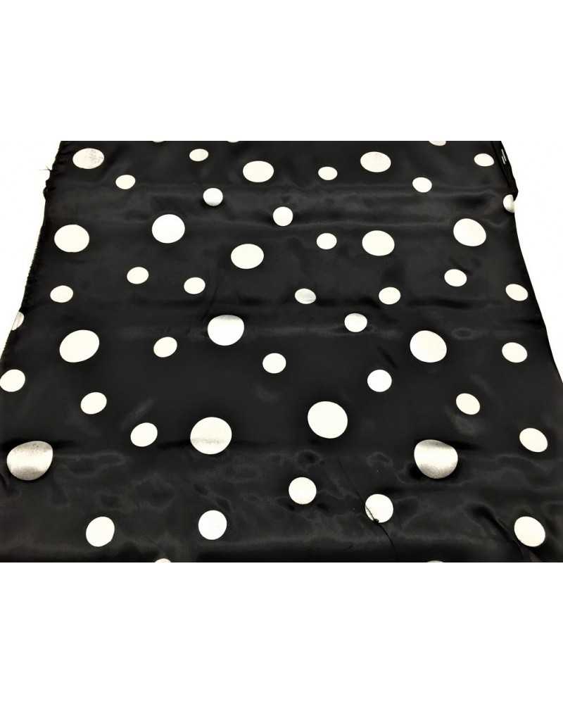 Carnival satin fabric printed black with large and small silver polka dots 150 cm high