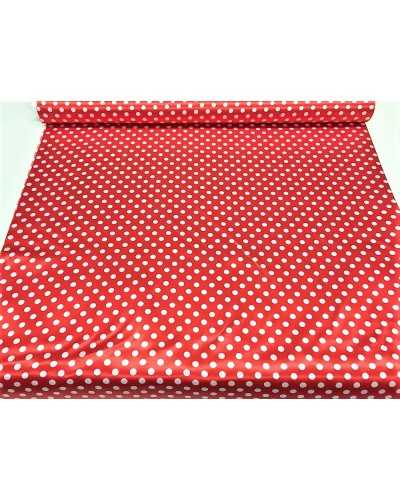 Tela raso carnaval estampado mini lunares blancos minnie fondo rojo 150 cm alto