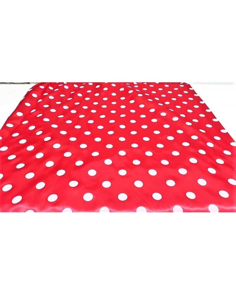 Karnevals-Satinstoff, bedruckt mit weißen Punkten und minnierotem Hintergrund, 150 cm hoch