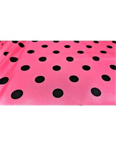 Karnevals-Satinstoff, bedruckt, rosa Unterseite, Barbie, schwarze Tupfen, 150 cm hoch