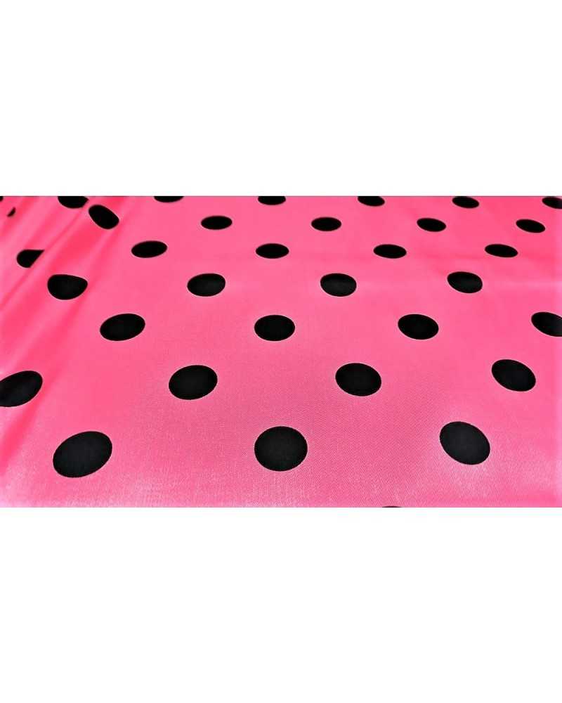 Tessuto raso carnevale stampato fondo rosa barbie pois neri alto 150 cm