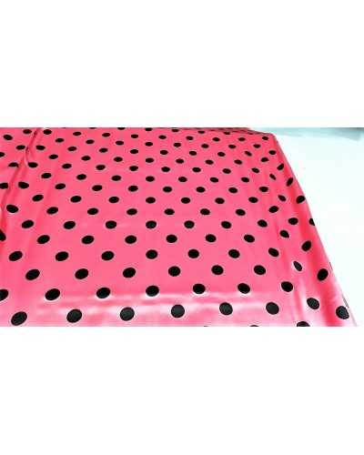 Tessuto raso carnevale stampato fondo rosa barbie pois neri alto 150 cm
