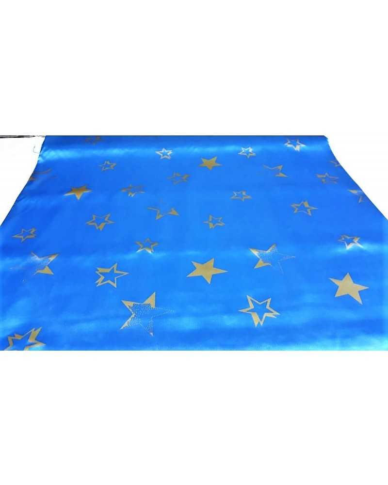 Tissu satin carnaval imprimé fond bleu étoilé princesses et sorciers dorés 150 cm de haut