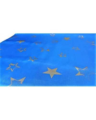 Tissu satin carnaval imprimé fond bleu étoilé princesses et sorciers dorés 150 cm de haut