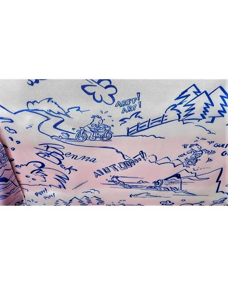 Tela de raso carnaval con estampado de cómics sobre fondo rosa, escritura azul, alto 150 cm