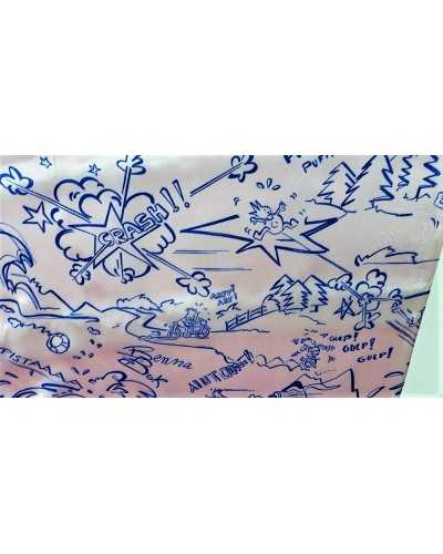 Tela de raso carnaval con estampado de cómics sobre fondo rosa, escritura azul, alto 150 cm