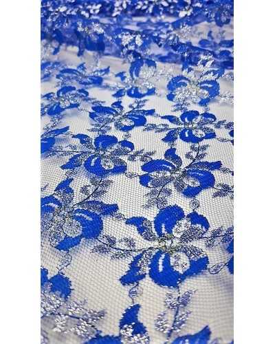 Tela de tul puntilla con flores de dama burlesque plateadas y doradas de 150 cm de altura