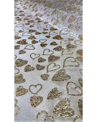 White organza base fabric with full and empty gold glitter hearts 150 cm high