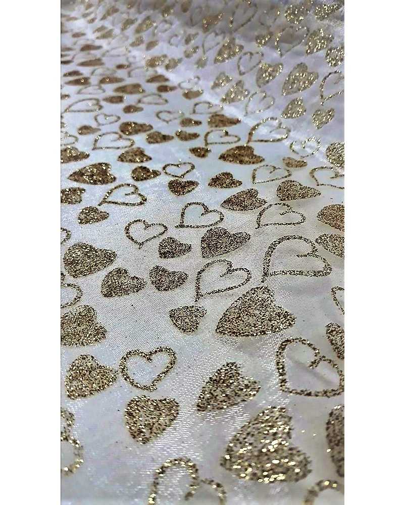 Tessuto base organza bianca con cuori pieni e vuoti glitterati colore oro alto 150 cm