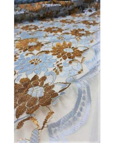 Lace fabric trimmed border scalloped two-tone design rose flowers gold 150 cm high