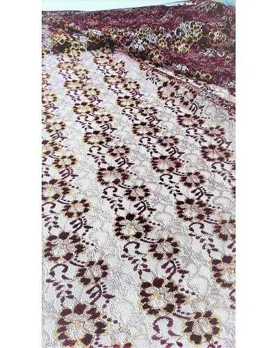 Tessuto in base tulle pizzo raschel bordo' oro e argento disegno fiori e cashmere alto 150 cm