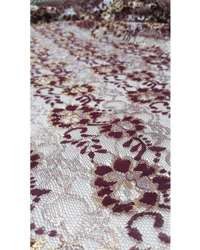 Tissu à base de tulle, dentelle rachel, bordure or et argent, dessin fleuri et cachemire, hauteur 150 cm