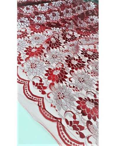Tessuto base tulle pizzo rosso scuro e argento disegno fiori e cashmere alto 150 cm